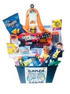 NEW GAME OVER NERF TOY AND CANVAS EASTER BASKET FILLED WITH CANDY AND TREATS - Picture 1 of 7