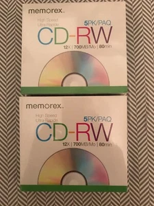 Paquete de 5 discos en blanco regrabables Memorex CD-RW de alta velocidad 12X 700 MB 80 min sellados - Imagen 1 de 2