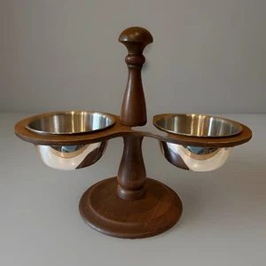 VTG MCM Walnut Wood Condiment Caddy Server Stand w/stainless bowls 1950’s USA - Picture 1 of 7