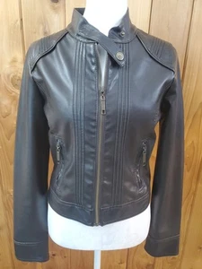 Women S Biker Moto Jacket Expresso Brown Faux Leather Vegan Zipper Fitted - Bild 1 von 11