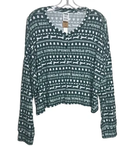 Victoria's Secret Crop Sleep Top Womens XL Green Christmas Fair Isle Lounge Cozy - Picture 1 of 15