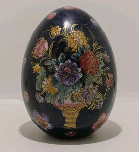 Satsuma Royal Cloisonné Style Hand Painted Porcelain Egg Floral Dark Blue 4.5" - Picture 1 of 6