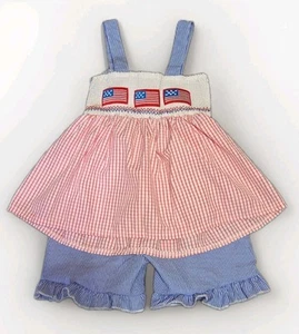 Girls 4T 5T Patriotic Set Plaid Embroidered Flag Smocked Outfit Bottoms 4th July - Picture 1 of 14
