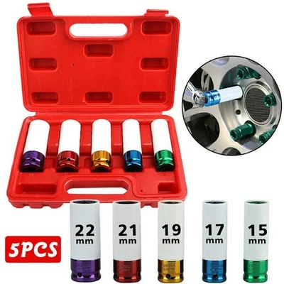 5Pcs Alloy Wheel Nut Thin Wall Deep Impact Socket Set 1/2" Drive 15-22mm w/Case - image 1 of 4