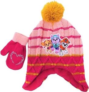 PAW PATROL SKYE Girls Fleece-Lined Knit Cable Knit Hat &Mitten Set w/Pom-Pom $24 - Picture 1 of 1