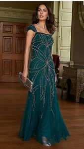 Bnwt TOGETHER (14/16) rrp £149.00 Forest Green Bead+Sequin Stretch Evening Dress - Picture 1 of 11
