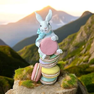 Easter Bunny Sitting On Macaroons Cookies White Rabbit Pastels - Picture 1 of 6