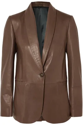 Blazer Brunello Cucinelli cuello chal cuero 50 (14 EE. UU.) color tostado Monili ribete Foto 1 de 4