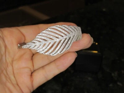 NUEVO hermoso brazalete brazalete con bisagras pluma circonita cúbica plata esterlina 925 brillo 6,5" Foto 1 de 4