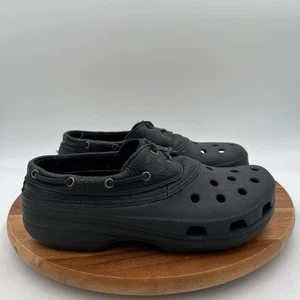 Size 10 Crocs Mens Islander Pitcrew Leather Black Hybrid Boat Shoes - Picture 1 of 12