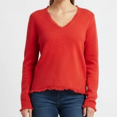 Peck & Peck Cashmere Sweater Womens Large V Neck Fringe Hem Orange Knit Top Fall - Image 1 of 4