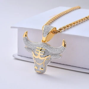 Männer Hip Hop Iced Out Bling CZ Zirkone Vampir Maske & Stier Anhänger Kette Halskette - Bild 1 von 8