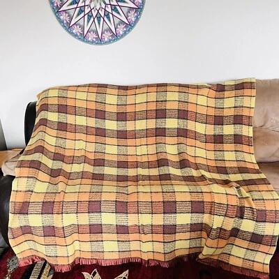 Vintage Plaid Waffle Weave Blanket Twin Acrylic Satin Binding Yellow Brown 76x76 - Image 1 of 3