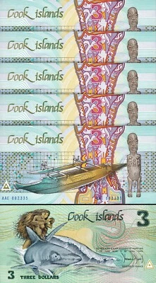 Cook Islands 3 Dollars 1987, UNC, 5 Pcs LOT, P-3, Low 00**** - Image 1 of 4