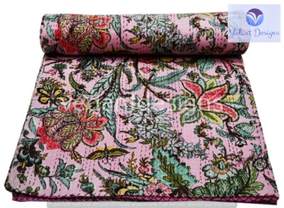 Indian Floral Double Kantha Handmade Quilt Cotton Bed Cover Throw - Image 1 of 4