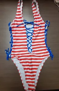 Red White & Blue One Piece High Cut Tie Side Swimsuit Sz 4 - Picture 1 of 4