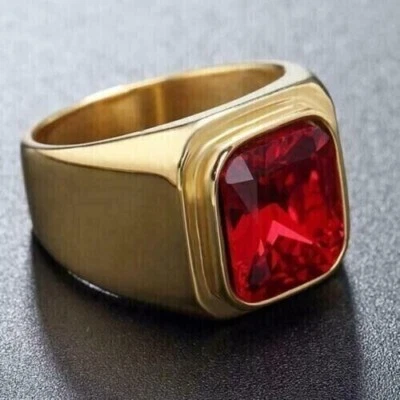 14k Yellow Gold Over 2.30Ct Emerald Simulated Red Ruby Solitaire Pinky Ring Men - Image 1 of 4