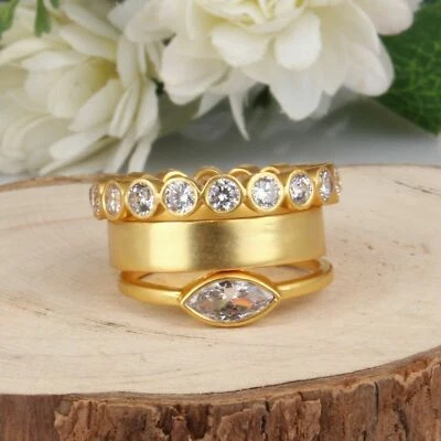 Cubic Zirconia 3 Layer Stackable Ring Gold Plated Multi Zircon Silver Ring - Image 1 of 4