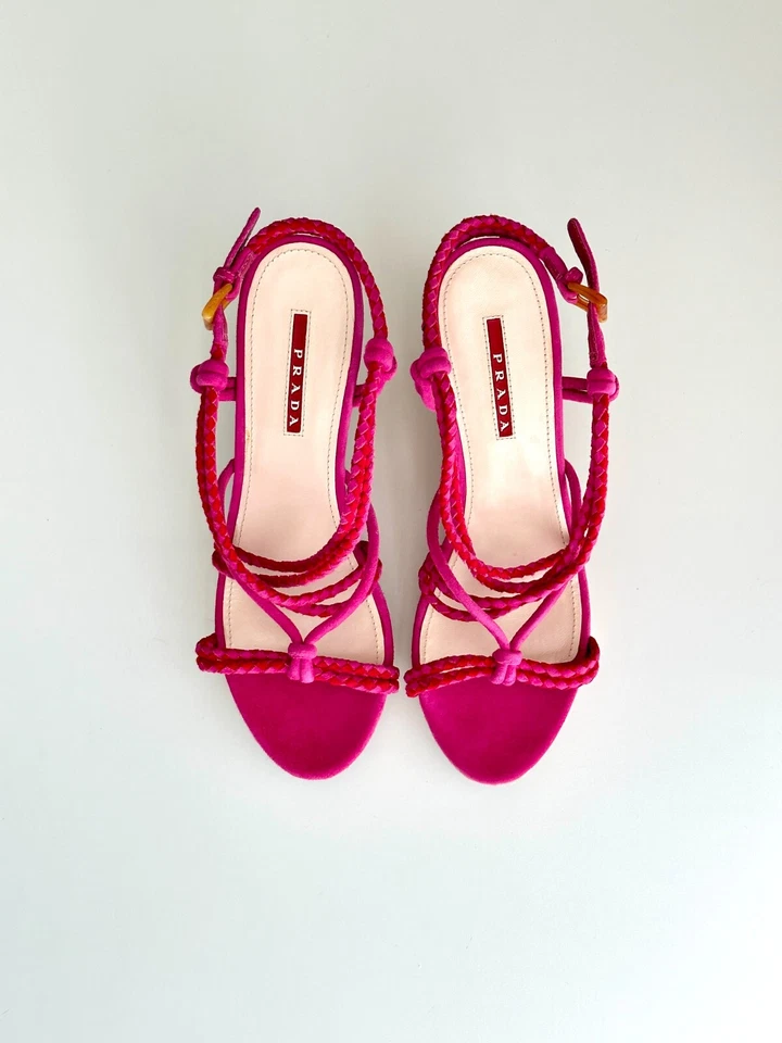 PRADA Strappy Suede Slingback Cork Wedge Sandals in Fuchsia Red Size 38.5 - Image 1 of 4