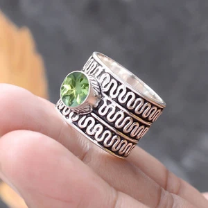 Green Peridot Cut Gemstone925 Sterling Silver Handmade Ring Unique Art Jewelry - Picture 1 of 9