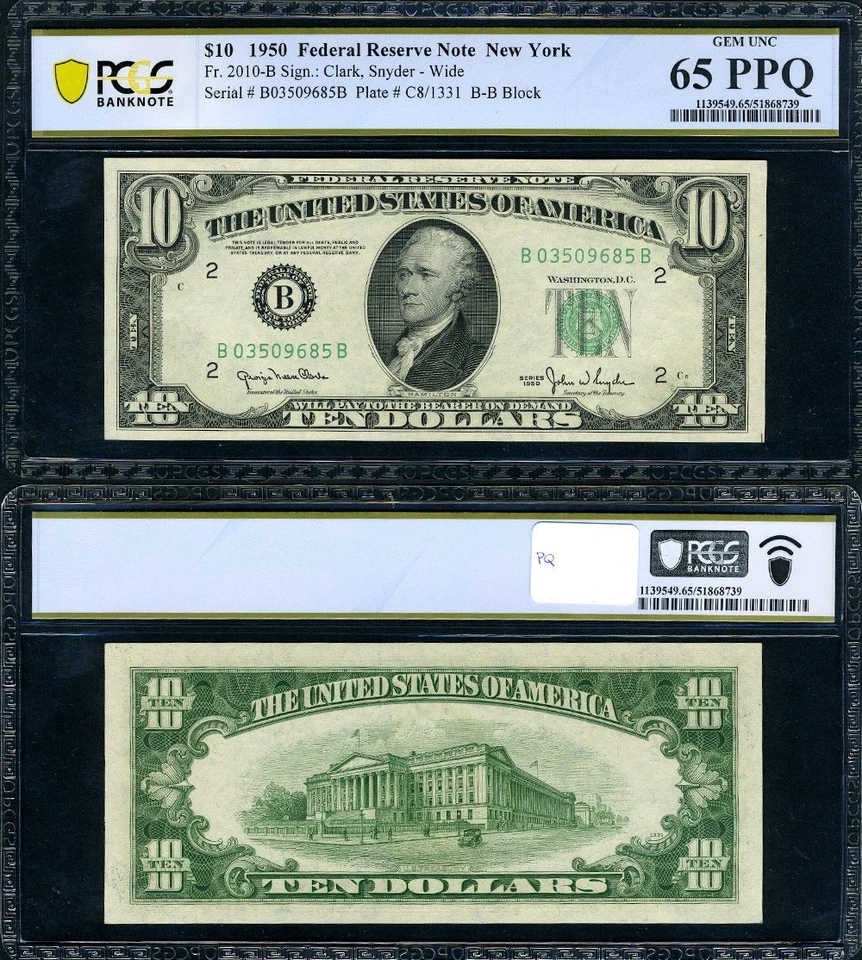 FR. 2010 G $10 1950 Federal Reserve Note New York B-B Block PCGS Gem CU65 PPQ - Image 1 of 3