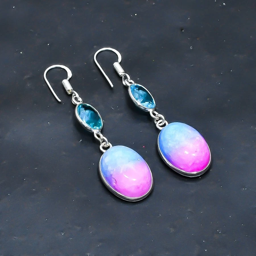 Rainbow Solar Quartz, Blue Topaz Handmade Jewelry Earring 2.08" - Image 1 of 1