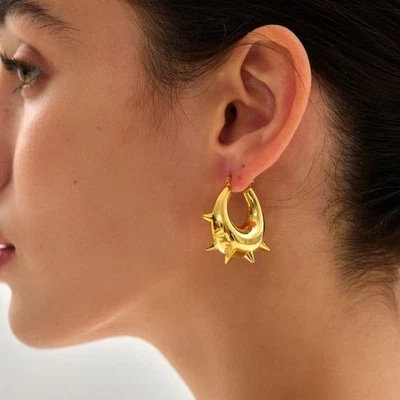 Pendientes de aro gruesos de plata pura 999 enchapados en oro de 18 quilates para mujer joyas Foto 1 de 4