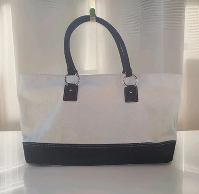 Bolso de Hombro BANANA REPUBLIC Grande Marfil Algodón Lona Marrón Gamuza Cuero Foto 1 de 4