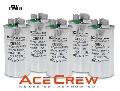 Lot of 5 Dual Run Capacitor 50/5 MFD 450VAC for HVAC system - AceCrew CBB65 -