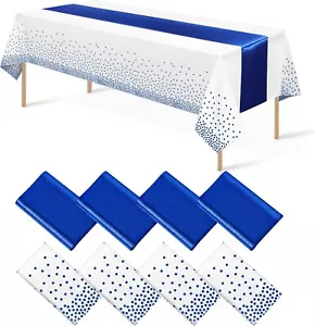 8Pack Disposable Plastic Tablecloths and Satin Table Runner White and Royal Blue - Picture 1 of 7