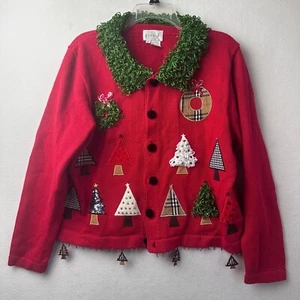 Just B Weihnachts Strickjacke Pullover Gr. L bestickt Perlen Bäume rot Ramie - Bild 1 von 5