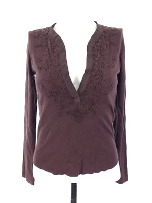 Jigsaw Womens Blouse Brown Jersey Embroidered Flowers Deep V Neck Top Size S - Image 1 of 4