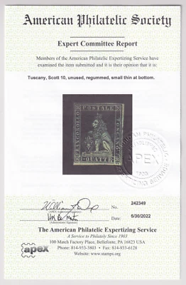 Estampilla Italia Toscana Scott #10 1q como nueva en muy buen estado. Certificado APS. CV $1750 Foto 1 de 3