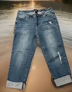 Earl Jean Rolled Cuff Cropped Capri Womens 14 Jeans Midrise Stretch Distressed - Picture 1 of 17
