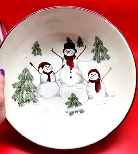 St. Nicholas Square Yuletide Snowmen 11" Ceramic Serving Bowl Holiday Xmas - Picture 1 of 7