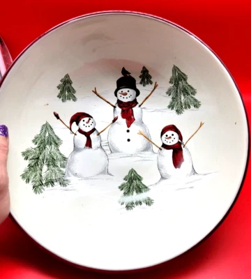 St. Nicholas Square Yuletide Snowmen 11" Ceramic Serving Bowl Holiday Xmas - Image 1 of 4