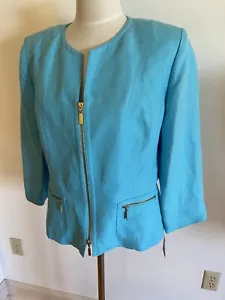 New Studio By Liz Claiborne Aqua Blue Lined Jacket Gold Zip Pockets 3/4 SLeeve - Picture 1 of 8