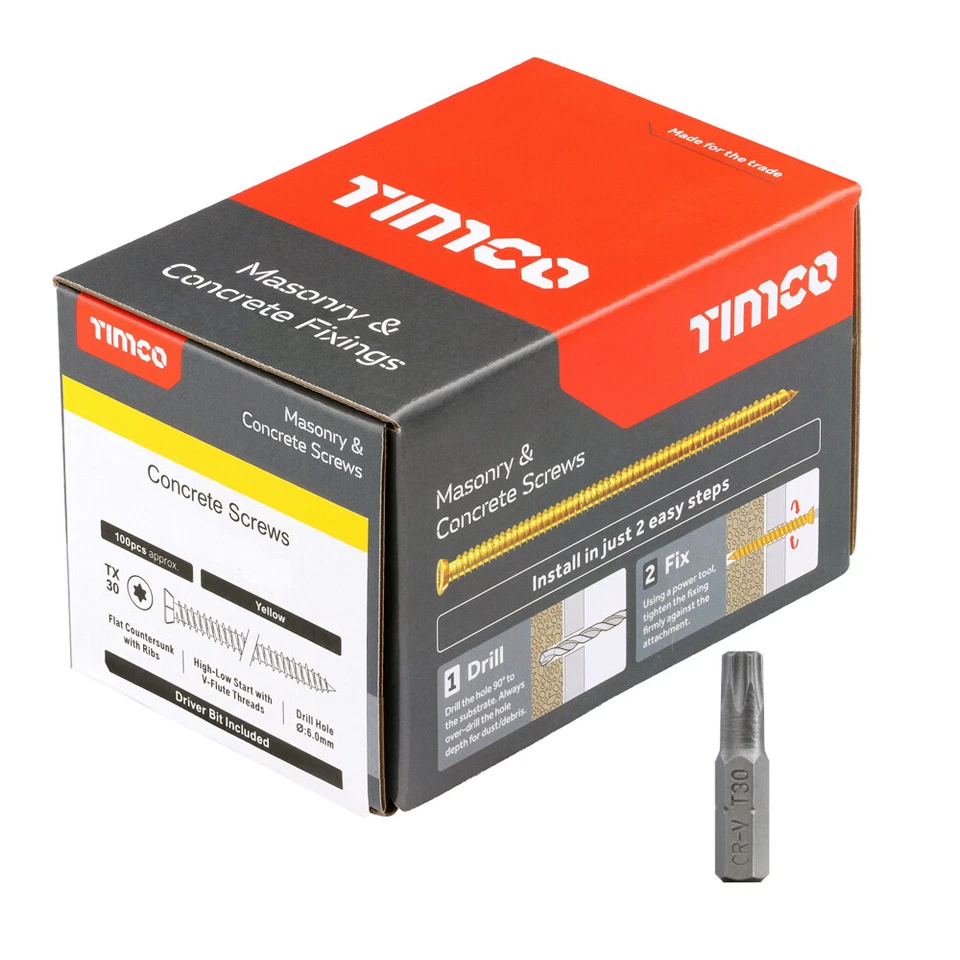 TIMCO Concrete Screws Box of 100 - Flat Countersunk Zinc Yellow Screws- Choose Size