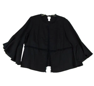 Chicos Womens Sz 1 Black 100% Linen 3/4 Bell Sleeve Fringe Trim Cardigan Boho - Picture 1 of 12
