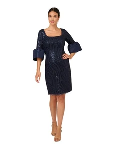 ADRIANNA PAPELL Womens Navy Lined Bell Sleeve Above The Knee Sheath Dress 6 - Picture 1 of 6