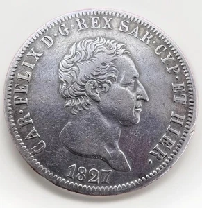 ESTADOS ITALIANOS, CERDEÑA, Carlo Felice, 5 liras, 1827, Génova, KM#116 24,79 g L017E - Imagen 1 de 2