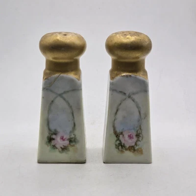 Vintage Porcelain Salt & Pepper Shakers Set 3.5"H Gold Floral Design REPAIRED - Image 1 of 4