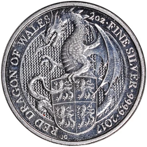 2017 U.K. £5 Queen's Beasts Red Dragon Of Wales 2 oz 999.9 Fine Silver Coin - Picture 1 of 2