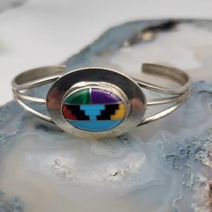 Zuni Inlay Turquoise Cuff Signed J? Sterling Silver Coral Onyx Malachite Etc.. - Picture 1 of 9