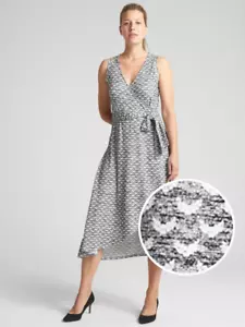 Abito midi GAP Softspun senza maniche avvolgente, poli/rayon, stampa nera, taglia L, nuovo con etichette - Foto 1 di 6