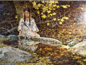 Old Vintage Oil Painting Native American Indian Woman Illustration by John Marsh - Picture 1 of 12