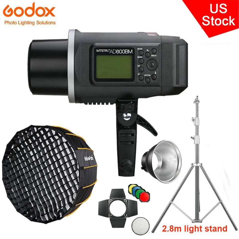 US Godox AD600BM Flash Bowens+BarnDoor Set+Nicefoto 120cm Grid Softbox Stand Kit - Image 1 of 4