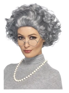 Granny Wig Old Lady Grandma Queen Nanna Grey Necklace Glasses Fancy Dress - Picture 1 of 2