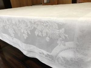 Vintage CHRYSANTHEMUM Floral White Damask 69x84" Rectangle Tablecloth (RF957-8) - Picture 1 of 11
