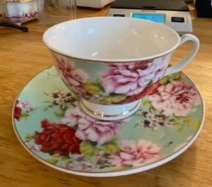 BTaT Blue and Pink Roses Cup & Saucer 8 oz - Picture 1 of 3